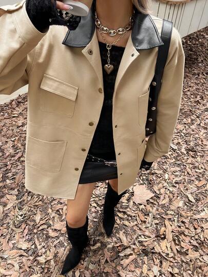 DAZY 女士休闲时尚街头撞色翻领口袋实用夹克，秋季女式外套