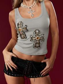 MISSGUIDED Áo tank top không tay, đính họa tiết hình chữ thập và chi tiết pha lê lấp lánh. - Xám - Xem 1