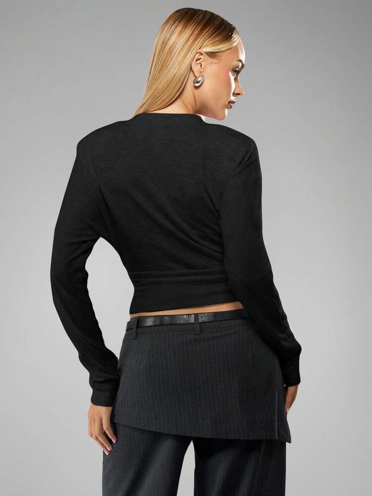 MISSGUIDED Drop Shoulder Long Sleeve Gathered Waist Cropped Top With Ruched Details For Fall Winter