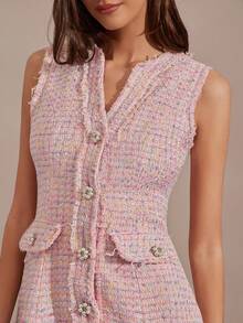 Romantic Pink Floral Tweed Dress With Tassels And Delicate Pearl Button Embellishments Is A Cute, Sleeveless Princess-Style Mini Dress Perfect For Autumn And Winter. Stylish And Elegant, It's Suitable For Parties, Dates, Holidays, Graduations, The Office, Outings, Halloween, Christmas, And Other Occasions. Also Suitable For Autumn Women's Wear, Autumn Outfits, Autumn Suits, Carnivals, And New Year's Women's Wear. - Pink - View 2
