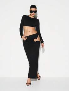 KIZN Cutout Pencil Midi Skirt With Side Split And Metal Hardware Details For Evening Party - Black - View 3