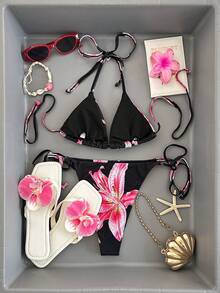 Swim Glamine 女士花卉豹纹性感系带比基尼套装，适合夏季海滩度假 - 彩色 - 查看 8