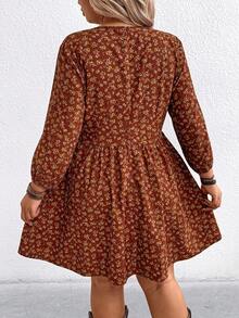 LanaWest Plus Size Women's Autumn Corduroy Floral V-Neck Long Sleeve Dress, Minimalist Red - Red - View 2