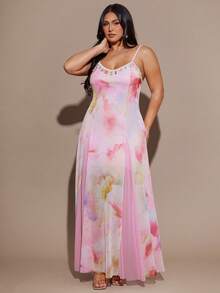 SHEIN BAE Romantic Vacation Boho Floral Mesh Print Patchwork Shell Ribbon Waist Maxi A-Line Long Dress - Multicolor - View 5