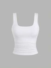 Sweetra 女式纯色方领褶皱休闲吊带背心 - 彩色 - 查看 3