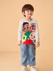 CoComelon X SHEIN Young Boy Cartoon Colorful Geometric Watermelon & Best Friend Print Loose Fit Crew Neck Long Sleeve T-Shirt Boy Graphic Shirts - Apricot - View 4