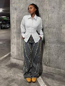 StreetHx 女式蓝色束腰 Y2K Baddie 街头服饰 2000 年代风格休闲通勤返校长袖衬衫 - 白色 - 查看 5