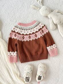 SHEIN Infant/Toddler Retro Floral Pattern Knit Sweater - Brown - View 2