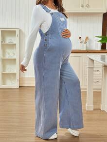 SHEIN Fall Clothes,Autumn Clothes,Maternity Autumn/Winter Clothes  2pcs Maternity Casual Ribbed Top & Ribbed Bib Pants Set - Blue - View 4