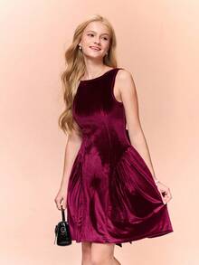 Robe courte élégante de princesse pour filles adolescentes, décolleté carré, sans manches, taille cintrée. Robe de cocktail en velours rouge vin - Rouge foncé - Voir 4