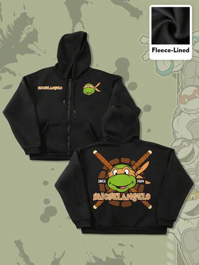 TEENAGE MUTANT NINJA TURTLES X ROMWE Sudadera con capucha de forro polar con estampado de dibujos animados, cremallera frontal y cordón, casual para hombre, otoño/invierno