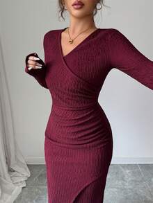 Modelyn Damen gestricktes rotes langärmliges figurbetontes Kleid aus strukturiertem Stoff, geeignet für Ausgänge - Rot - Übersicht 1