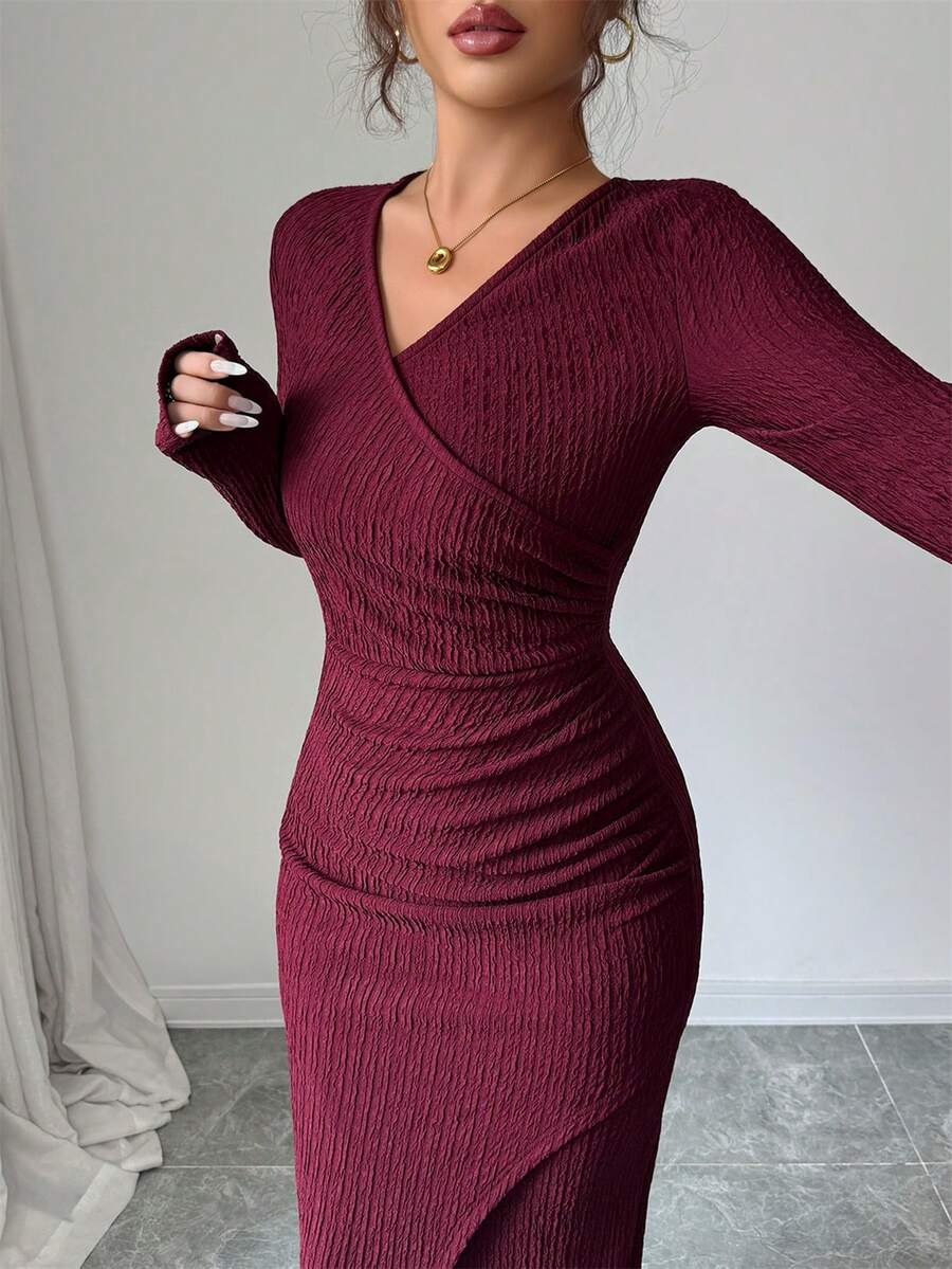Modelyn Damen gestricktes rotes langärmliges figurbetontes Kleid aus strukturiertem Stoff, geeignet für Ausgänge - Rot - Übersicht 1