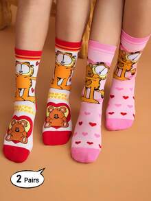 GARFIELD | SHEIN 2 双柔软透气吸湿排汗休闲女士中筒袜，带猫和熊图案，时尚可爱的白色和粉色中筒袜，加固脚趾和脚跟，经久耐用，适合所有季节，适合夏季和冬季，喜欢 - 彩色 - 查看 2