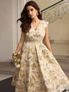 ZEYLAH V领提花褶皱A字连衣裙，秋冬 - 杏色 - 查看 6