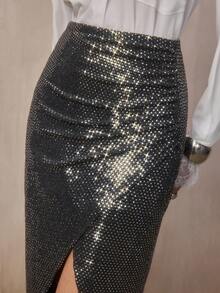 Modelyn Women's Elegant Mid-Length High Waist Fitted Sequin Black Skirt, Stylish And Slimming For Autumn - Black - View 6