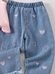 SHEIN Baby Girl Cute Summer Casual Knitted Pink Top & Heart Pattern Elastic Waist Denim Pants 2-Piece Set - Multicolor - View 6