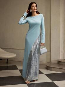 ZEYLAH Sequin Patchwork Maxi Elegant Dress For Women - Blue - View 6