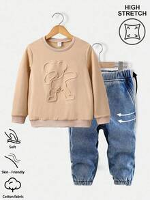 SHEIN 2 件套儿童男童休闲百搭舒适圆领宽松运动衫和牛仔长裤套装 - 彩色 - 查看 1