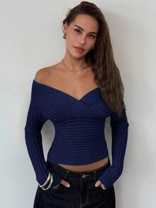 Aloruh Áo len dệt kim nữ thu/đông mới, hở vai, tay dài, ôm sát, cổ điển - Màu xanh hải quân - Xem 2