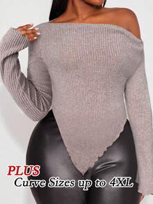 SHEIN SXY Plus Size Women's Fall & Winter Elegant Grunge Asymmetrical Neck Rib-Knit Tee With Suitable For Old-Money,Cruise Attire,Valentine's Day,Music Festival, Concert