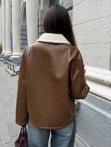 Aloruh 女士秋冬新款波西米亚风末日 Y2K 通勤休闲宽松扎染豹纹绒面革保暖内衬仿毛领夹克常规外套 - 棕色 - 查看 3