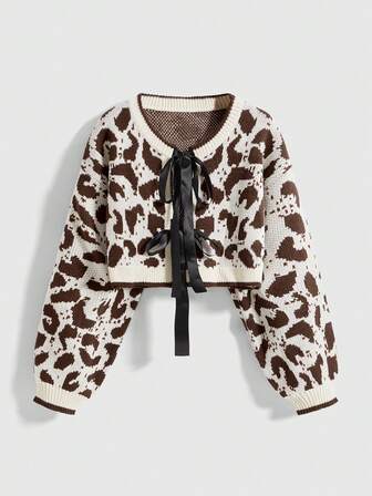 Kawaii Cárdigan con estampado de leopardo y lazo, de moda Y2K, para otoño/invierno