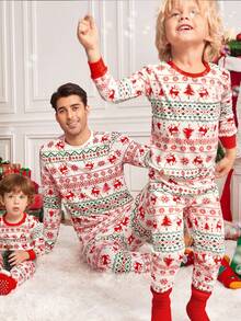 3 件套儿童男童驯鹿和圣诞树印花圆领长袖 T 恤和柔软睡裤睡衣套装，休闲家居服，秋冬