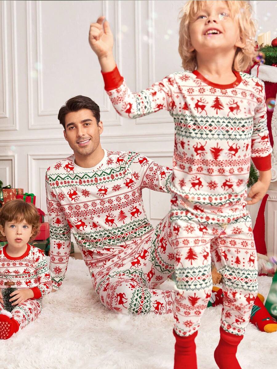 3 件套儿童男童驯鹿和圣诞树印花圆领长袖 T 恤和柔软睡裤睡衣套装，休闲家居服，秋冬