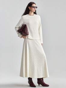 Ontre 2025秋冬派对、新年休闲简约白色纹理面料柔软宽松华夫格针织圆领长袖上衣和A字中长裙套装，商务休闲通勤，优雅简约 - 杏色 - 查看 1