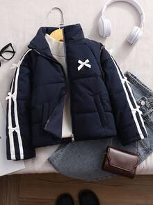 SHEIN Girls' Casual Cute Bow Accent White Striped Loose Fit Sweatshirt, Suitable For Daily Wear In Winter - Navy Blue - View 6