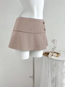 Elamini Retro Style Low Waist Women Button Design Fashion Midi Skirt - Dusty Pink - View 3