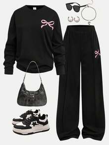 SHEIN 青少年女孩 2 件套休闲宽松针织圆领牙签褶图案套头衫和短裤套装，适合日常穿着、户外、春季野餐、返校和各种场合 - 黑色 - 查看 8