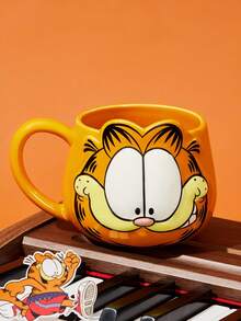 GARFIELD | SHEIN 1 个 16.23 盎司/480 毫升卡通图案陶瓷马克杯，耐冷耐热，可微波炉加热和洗碗机清洗，适用于盛装水、牛奶、果汁、咖啡、猫咪图案饮品。 - 橘色 - 查看 2