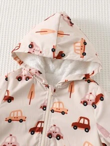 Cozy Pixies 男嬰卡通汽車圖案保暖內裡連帽長袖夾克，百搭舒適秋冬外套 - 卡其色 - 查看 3