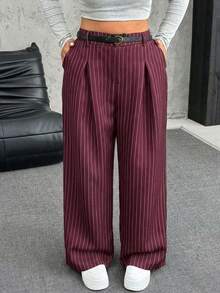 SHEIN EZwear Plus Size Solid Color Button Closure Casual Wide Leg Pants With Belt In Fall/Winter - Burgundy - View 3
