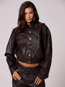 MUSERA Coated Cropped Elasticated Waist Collared Button Down Denim Jacket Top Only Classy Sexy Night Out Fall Autumn Cute Coolgirl Streetwear Dawn  Chic - Coffee Brown - View 2