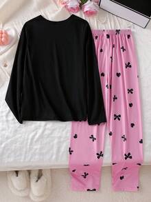 女童字母蝴蝶结印花长袖上衣和全印花蝴蝶结牛奶丝面料舒适裤子睡衣套装 - 黑色 - 查看 2