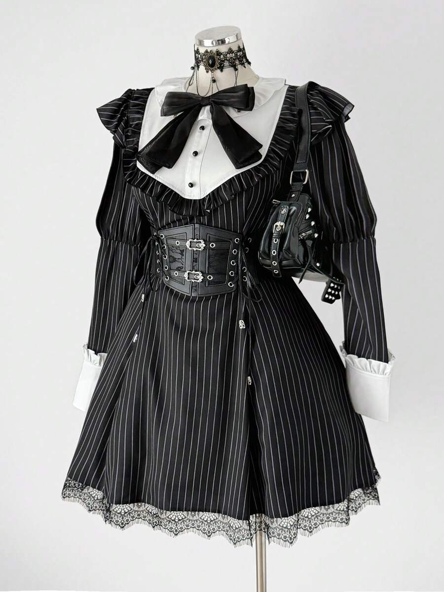 Sunspun 大码羊腿袖拼接荷叶边蝴蝶结撞色拼接A字连衣裙，可爱适合度假、约会、派对 - 黑色 - 查看 1