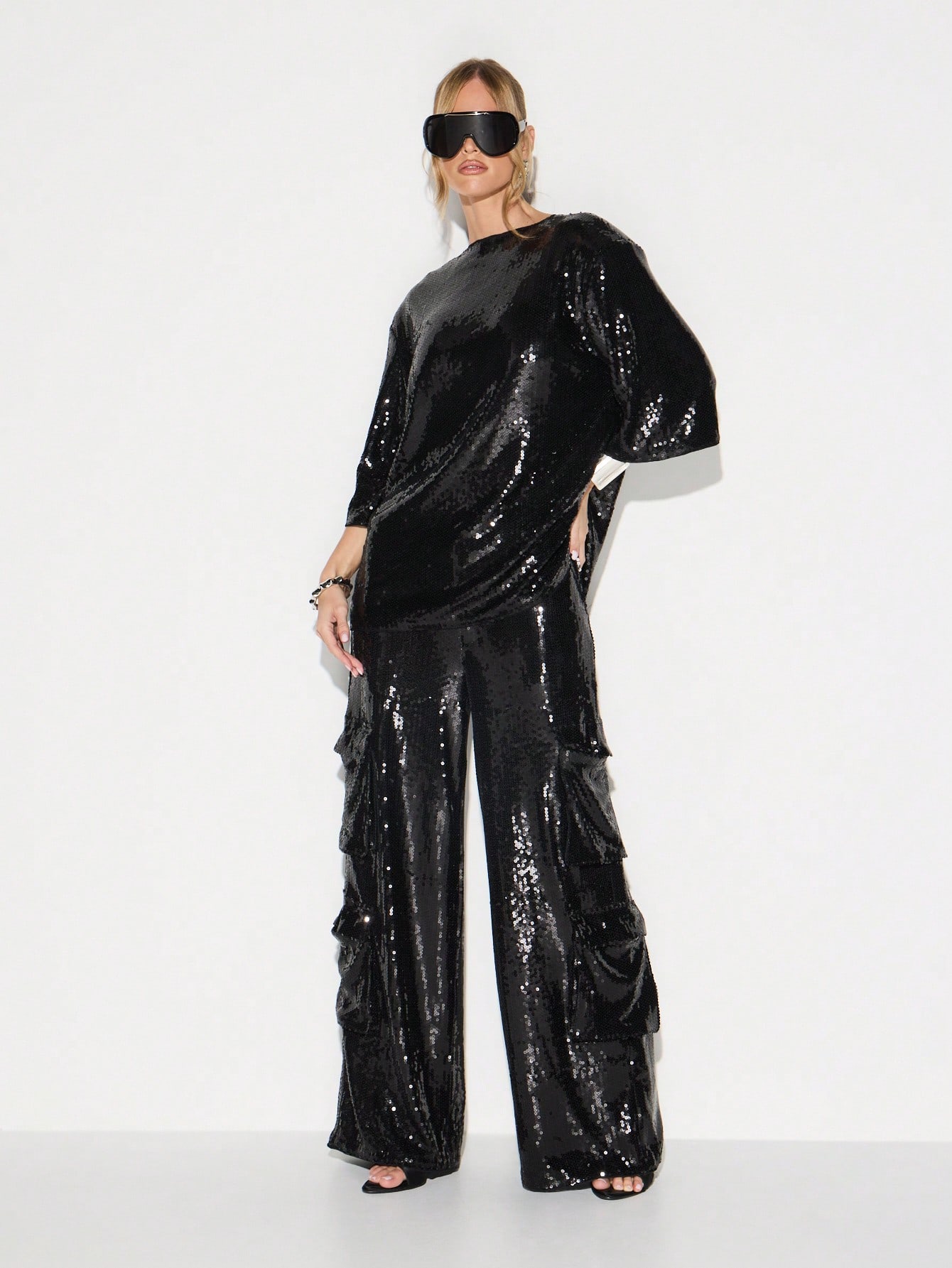 KIZN Pantalon Palazzo à jambes larges et sequins