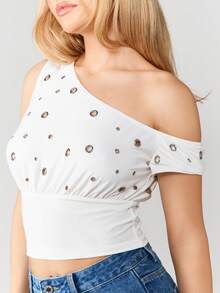 MISSGUIDED Trägerloses Crop Top mit Ösen und Metallösen, Sommer Festival Bluse - Weiss - Übersicht 6