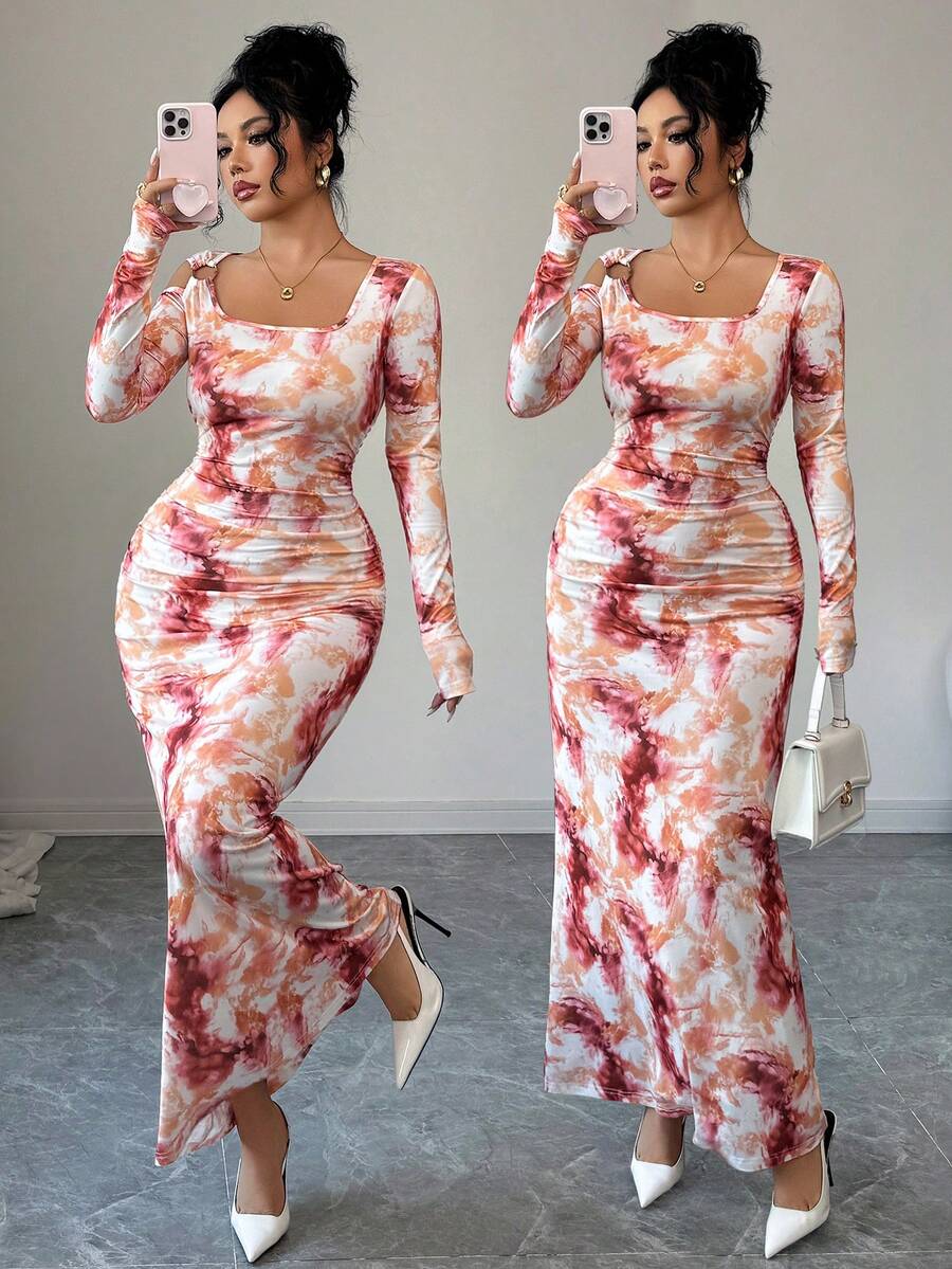 Elenzga 秋季新款法式油画风优雅淑女优雅时尚高端设计不对称金属扣方领修身A字褶皱遮肚露肩日常穿长袖连衣裙秋冬 - 彩色 - 查看 1