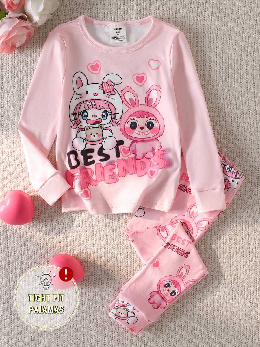 Young Girl' Pink Rabbit Graphic Long Sleeve Top And Leggings Pajama Set - Pink - View 1