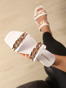 Paquete de dos pares de sandalia plana para dama, punta abierta, adecuada para cualquier ocasión. - Blanco - Ver 3