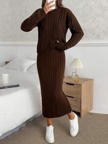EURMUSE Women's Cable Knit 2 Pieces Set In Dark Brown With Regular Fit - Brown - View 6
