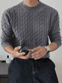 Manfinity Homme Men's Casual Everyday Commute Simple Solid Color Cable Knit Sweater, Autumn/Winter, Long Sleeve Top - Dark Grey - View 3