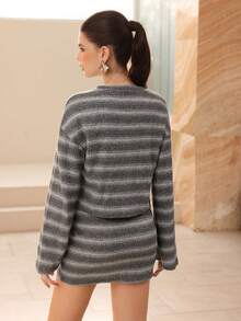 Modelyn 2pcs Set: Dropped Shoulder Round Neck Striped Top And Mini Skirt, Fashionable For Autumn/Winter - Multicolor - View 3