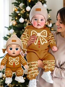 SHEIN 圣诞焦糖饼干图案休闲宽松舒适针织柔软连帽衫和裤子套装，适合秋冬季、街头风格和家居服 - 彩色 - 查看 3