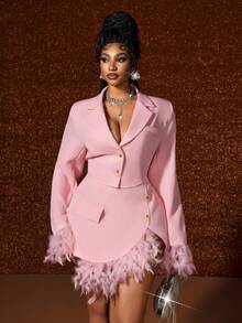 Maweii 2pcs/Set Fashionable Pink Plush Blazer Jacket Paired With Blazer Skirt - Pink - View 6