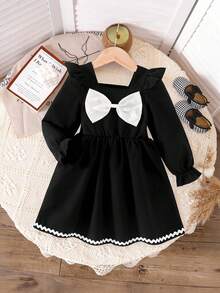 Elladie kids Đầm ngắn tay lửng cổ vuông thắt eo thời trang dễ thương cho bé gái, có nơ 3D và viền bèo nhún, phối màu đen trắng, phù hợp với mọi mùa - màu đen - Xem 5